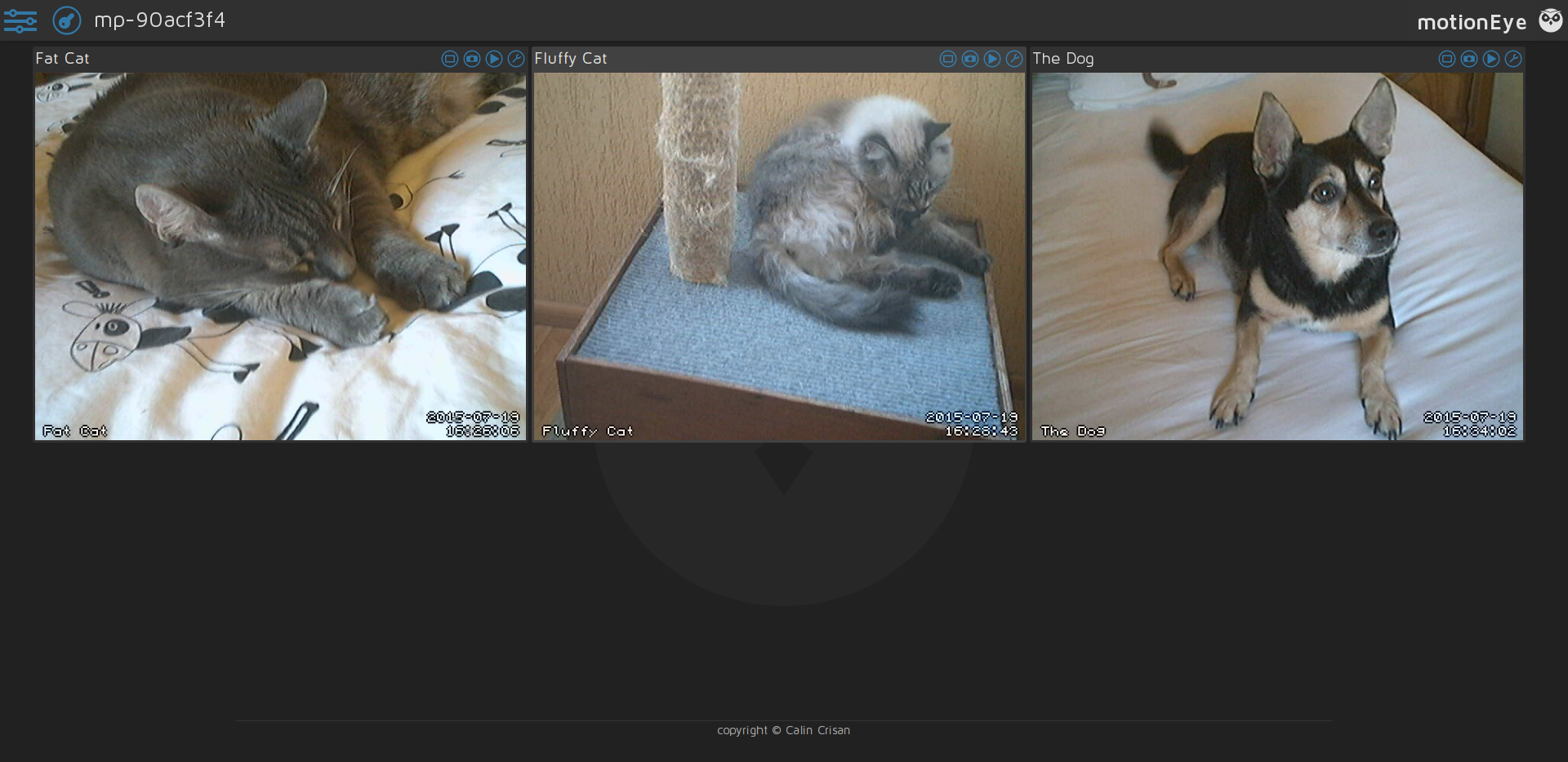 MotionEyeOS main dashboard with camera grid view