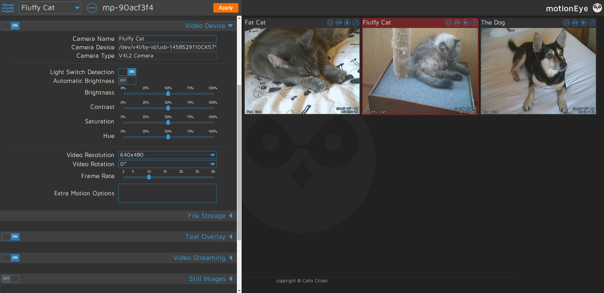 MotionEyeOS settings and configuration panel
